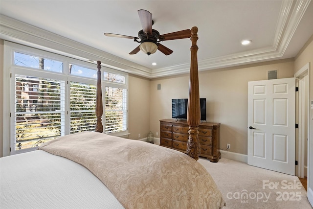 carpeted bedroom with crown molding and ceiling fan