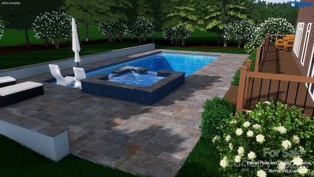 view of swimming pool featuring an in ground hot tub, a patio, and a lawn