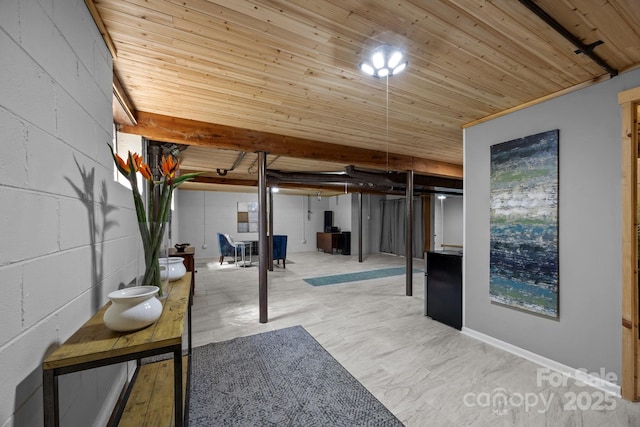 basement featuring wood ceiling