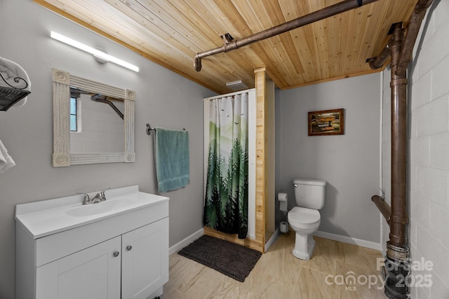 full bath with vanity, a shower with curtain, baseboards, wood ceiling, and toilet