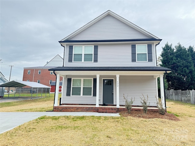 view of front of house featuring a carport, a porch, and a front lawn