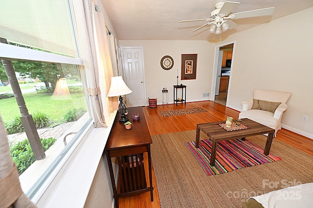 living room with hardwood / wood-style floors and ceiling fan