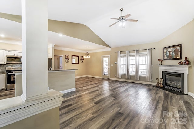 unfurnished living room with ceiling fan, dark hardwood / wood-style flooring, and high vaulted ceiling