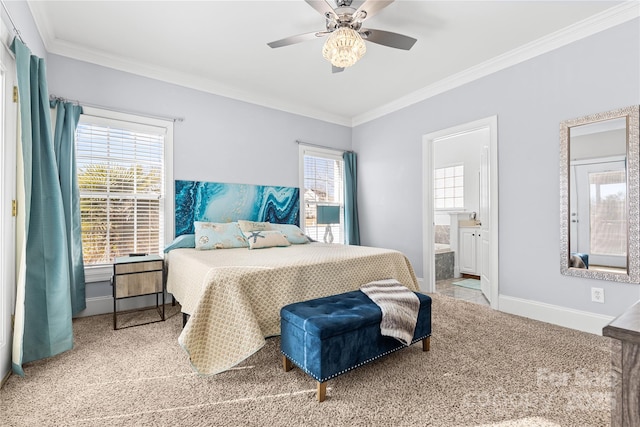 bedroom with ornamental molding, ceiling fan, and ensuite bath