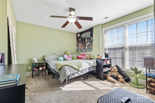 bedroom featuring ceiling fan and carpet floors