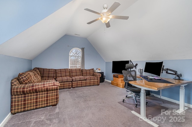 office area featuring lofted ceiling, ceiling fan, and carpet flooring