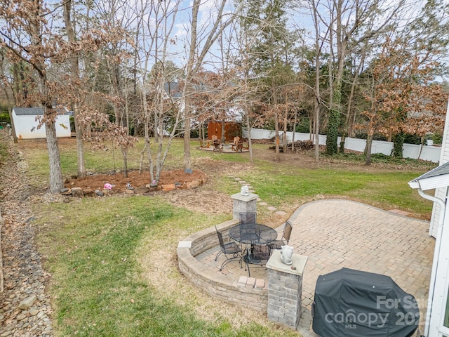 view of yard featuring a storage unit and a patio