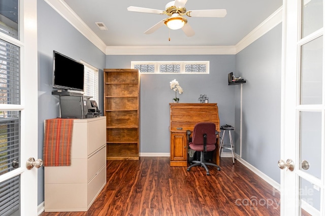 office with crown molding, dark hardwood / wood-style floors, ceiling fan, and french doors