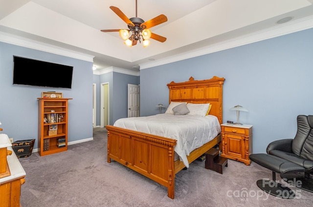 carpeted bedroom with crown molding, a raised ceiling, and ceiling fan