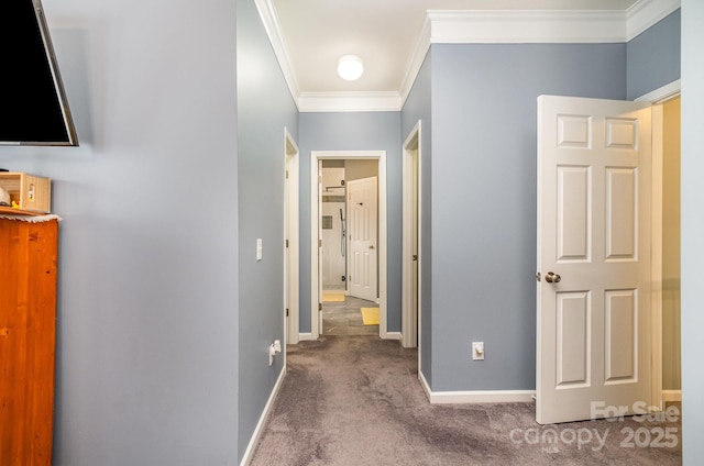 hallway featuring ornamental molding and carpet flooring