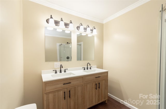 bathroom featuring crown molding, vanity, an enclosed shower, and wood-type flooring