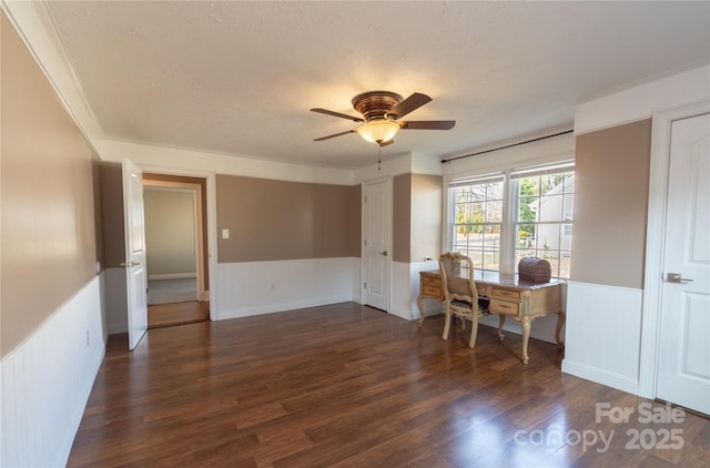 office featuring dark hardwood / wood-style floors, a textured ceiling, and ceiling fan