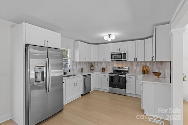 kitchen featuring sink, light hardwood / wood-style flooring, appliances with stainless steel finishes, white cabinetry, and decorative backsplash