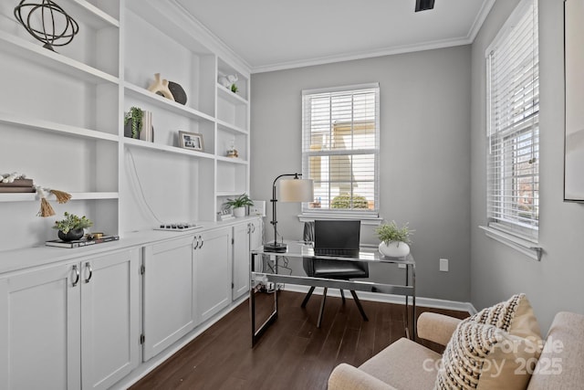 office with dark wood-style flooring, plenty of natural light, and ornamental molding