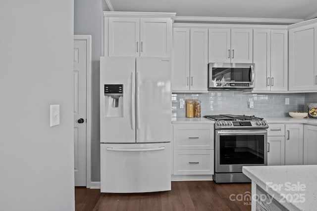 kitchen with white cabinetry, dark wood-type flooring, and stainless steel appliances