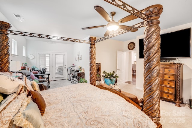 bedroom with light carpet, access to exterior, and ceiling fan