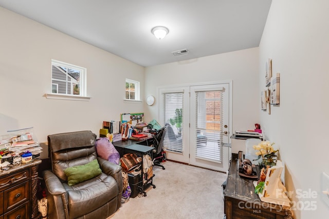 view of carpeted home office