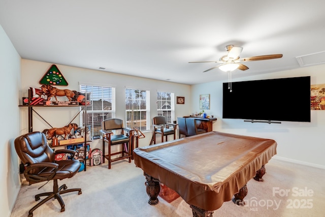 rec room featuring ceiling fan, pool table, and light carpet