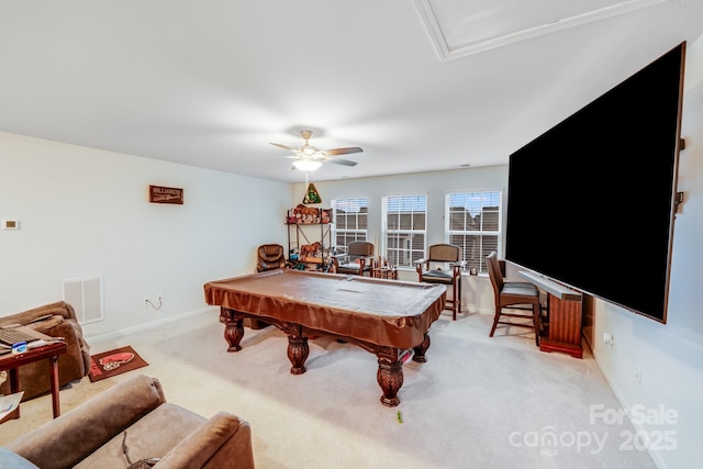 game room featuring ceiling fan, pool table, and light carpet