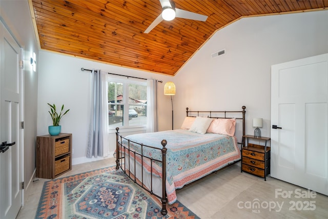 bedroom featuring ceiling fan, lofted ceiling, and wooden ceiling