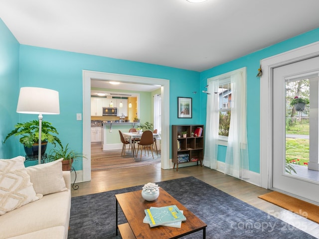 living room featuring a wealth of natural light, wood finished floors, and baseboards
