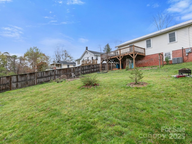 view of yard with cooling unit, fence, and a wooden deck