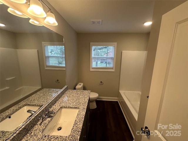 bathroom featuring vanity, wood-type flooring, and toilet