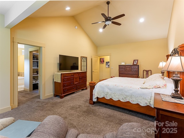 carpeted bedroom with ceiling fan and high vaulted ceiling