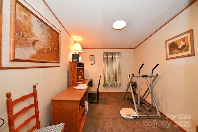 exercise area with a textured ceiling, dark colored carpet, and ornamental molding