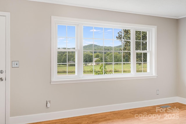 empty room featuring a mountain view and a wealth of natural light