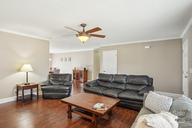 living room featuring dark hardwood / wood-style flooring, crown molding, and ceiling fan