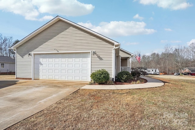 view of property exterior with a garage and a lawn