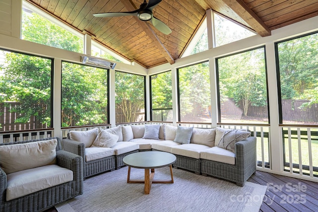 sunroom / solarium with vaulted ceiling with beams, wood ceiling, a healthy amount of sunlight, and ceiling fan