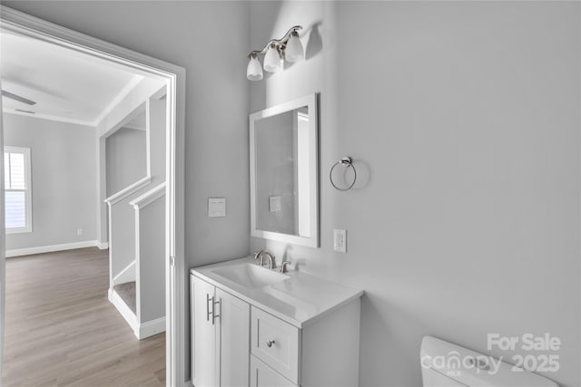 bathroom with vanity, hardwood / wood-style floors, and toilet