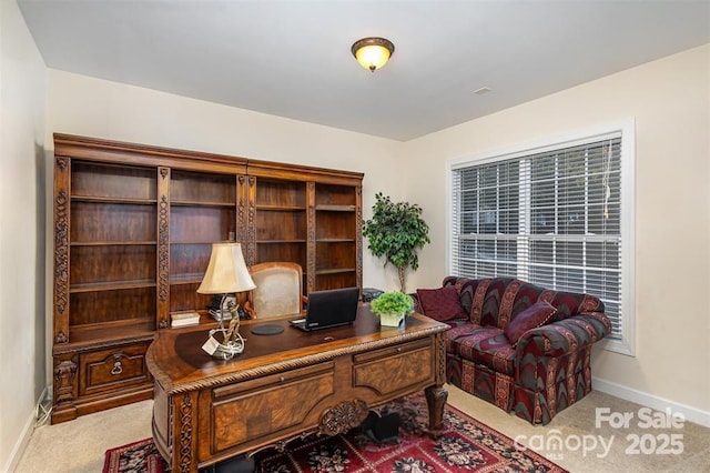 home office with light colored carpet