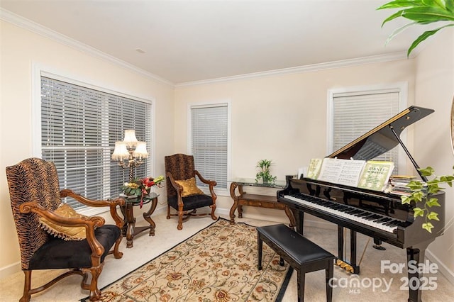 living area with light colored carpet and ornamental molding