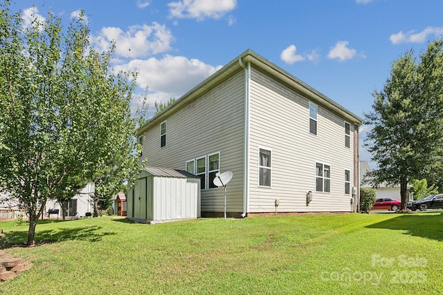 view of property exterior featuring a storage shed and a lawn