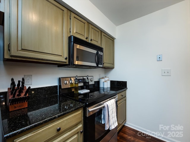 kitchen with dark wood-type flooring, stainless steel appliances, and dark stone counters