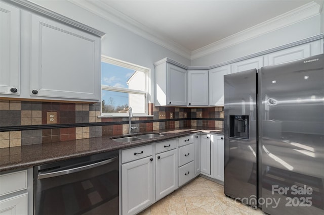 kitchen with dishwashing machine, sink, dark stone countertops, stainless steel refrigerator with ice dispenser, and ornamental molding