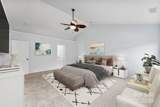 carpeted bedroom featuring high vaulted ceiling and ceiling fan