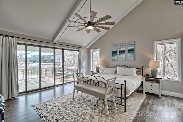 bedroom featuring high vaulted ceiling, access to outside, hardwood / wood-style flooring, ceiling fan, and beam ceiling