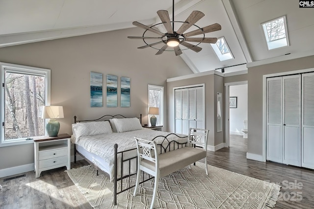 bedroom with hardwood / wood-style floors, a skylight, high vaulted ceiling, and multiple closets