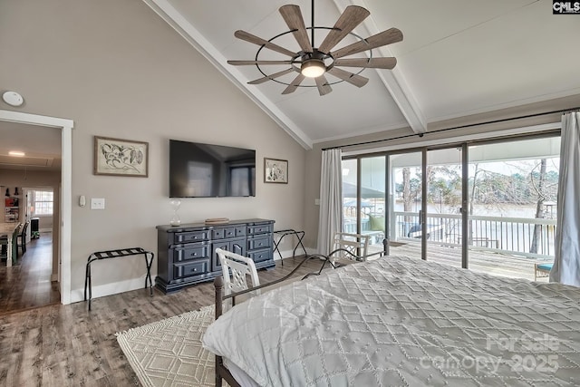 bedroom featuring high vaulted ceiling, light hardwood / wood-style flooring, access to outside, beamed ceiling, and ceiling fan