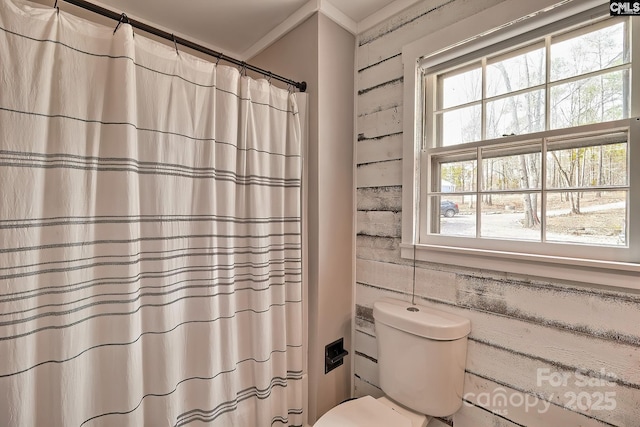 bathroom featuring crown molding and toilet