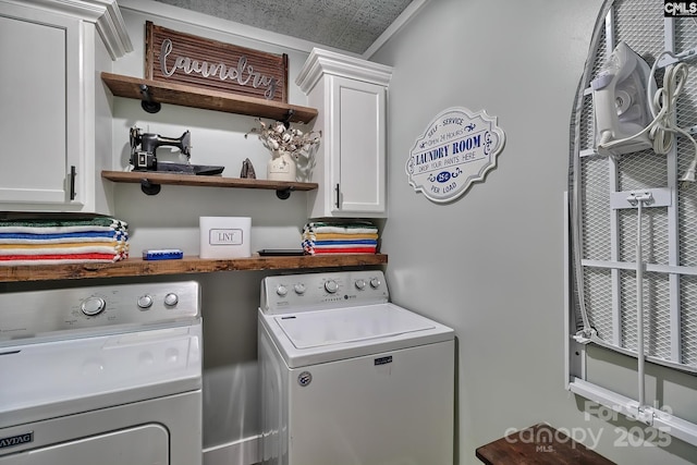 laundry area with washing machine and dryer and cabinets