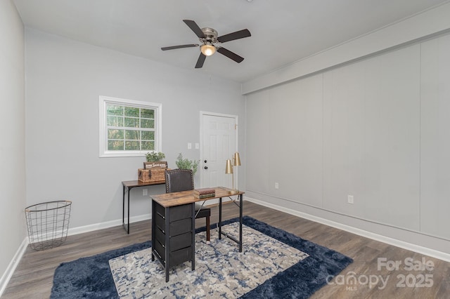 3843 Foxford Pl, Charlotte, NC 28215 - home office with baseboards, ceiling fan, and wood finished floors