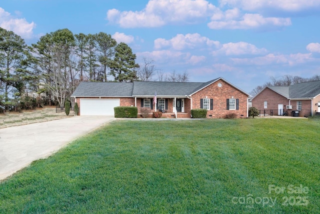 ranch-style house featuring a garage, a porch, and a front yard