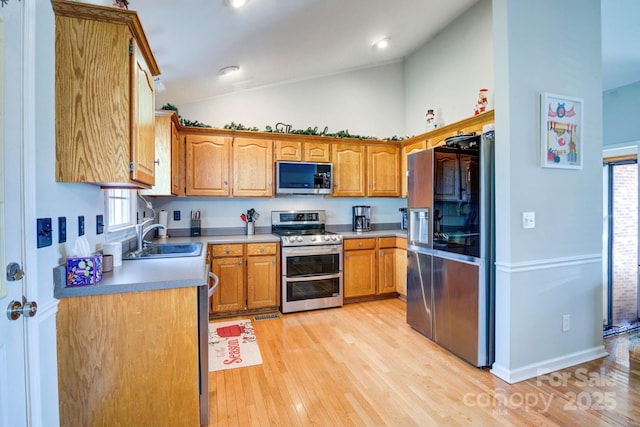 kitchen with appliances with stainless steel finishes, sink, light hardwood / wood-style flooring, and a wealth of natural light