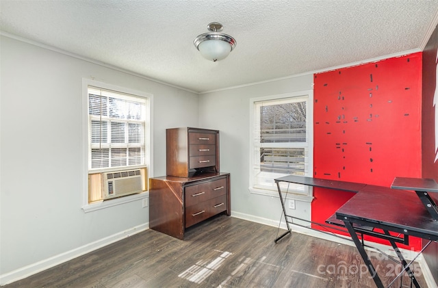 home office featuring cooling unit, ornamental molding, dark hardwood / wood-style flooring, and a textured ceiling