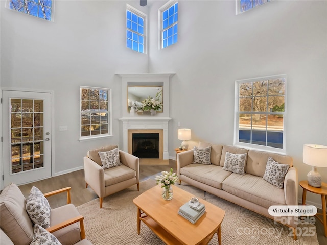 living room with a high ceiling and wood-type flooring